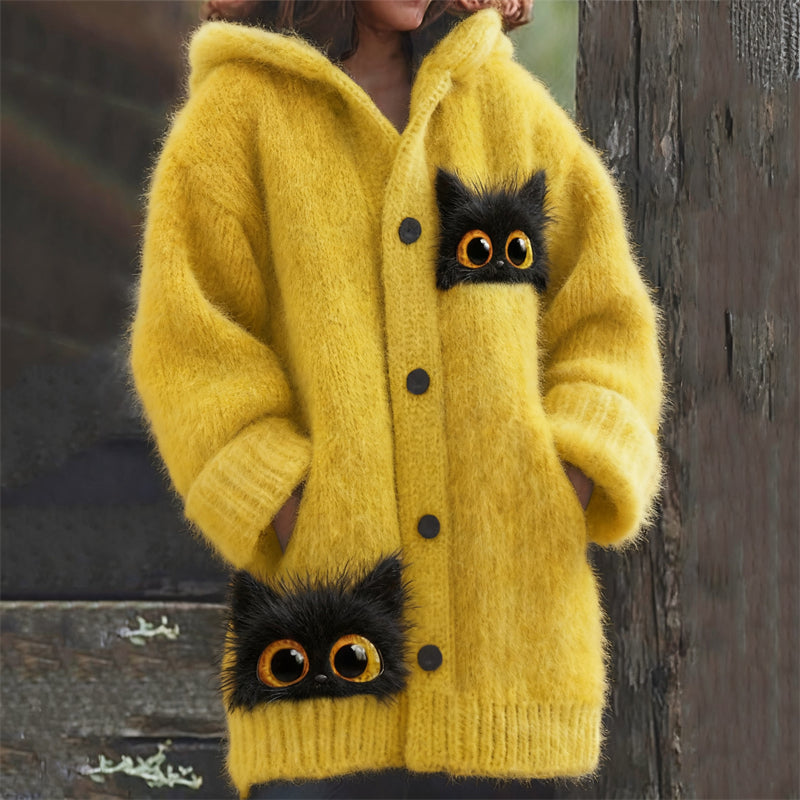 Comstylish Lovely Peeking Black Cats Cozy Knit Hooded Cardigan