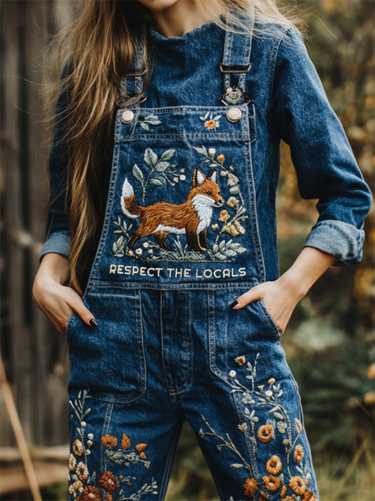 Fox Floral Respect The Locals Embroidered Denim Overalls artswardrobe