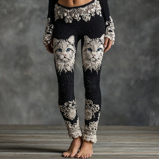 Women's Cute Cat Face Lace Embroidered Gradient Cozy Leggings elevenforest