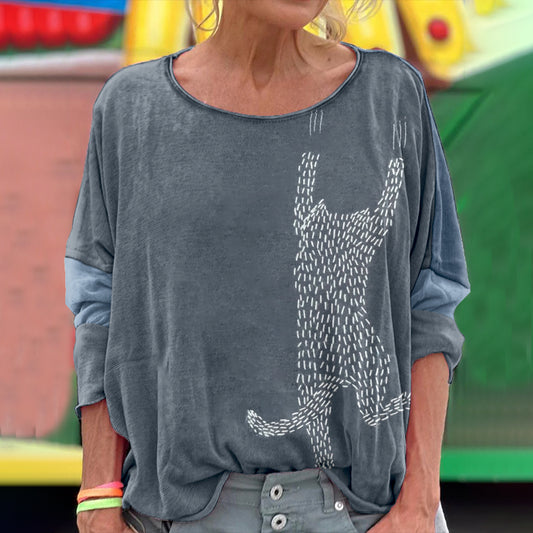 Women's Funny Cat Japanese Art Embroidered Long Sleeve T-shirt artswardrobe