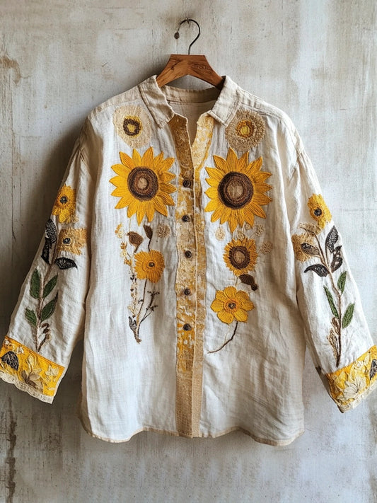 Sunflower Ethnic Flower Embroidery Women's Long Sleeve Shirt artswardrobe