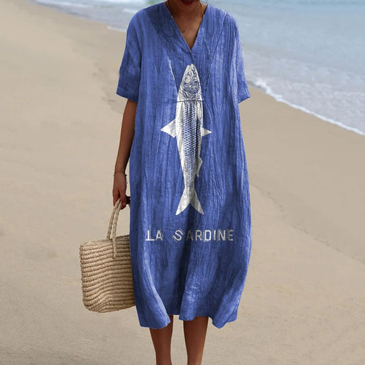 Comstylish Women'S Sardine Fish Art Pattern Linen Blend Dress