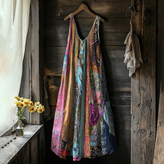 Women's Floral Patchwork Art Linen Tank Dress artswardrobe
