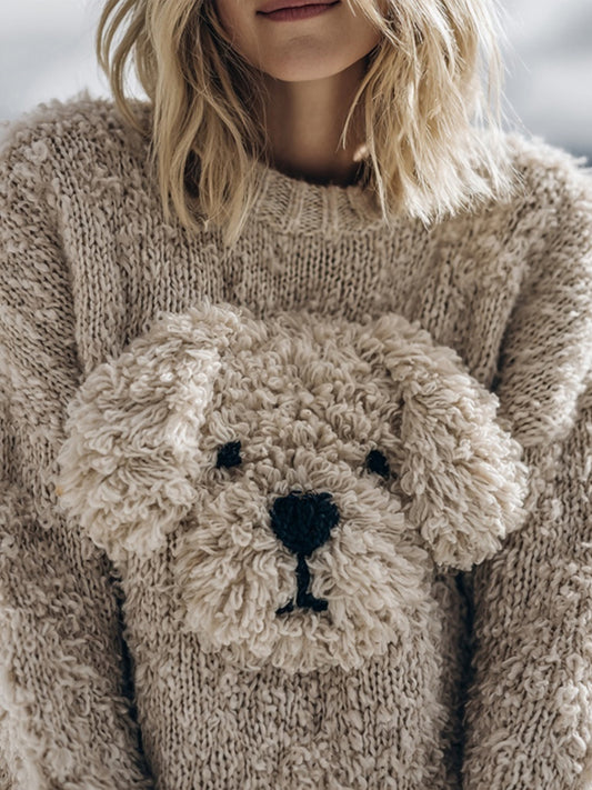 Comstylish Cute Fuzzy Dog Embroidered Soft Cozy Sweater