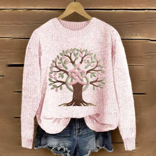 Women's Pink Ribbon And Tree Of Life Embroidered Knit Print Sweater artswardrobe