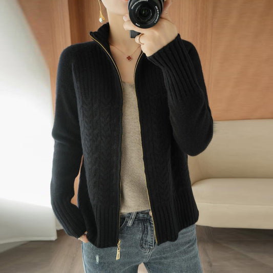 Cable-Knit Apricot Plain Zip V Neck Sweater Cardigan elevenforest