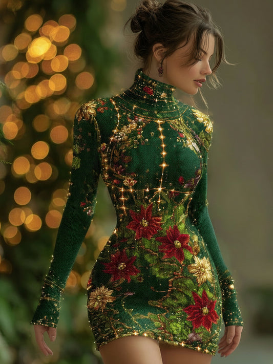 Comstylish Women's Vintage Christmas Floral Pattern Knitted Turtleneck Dress