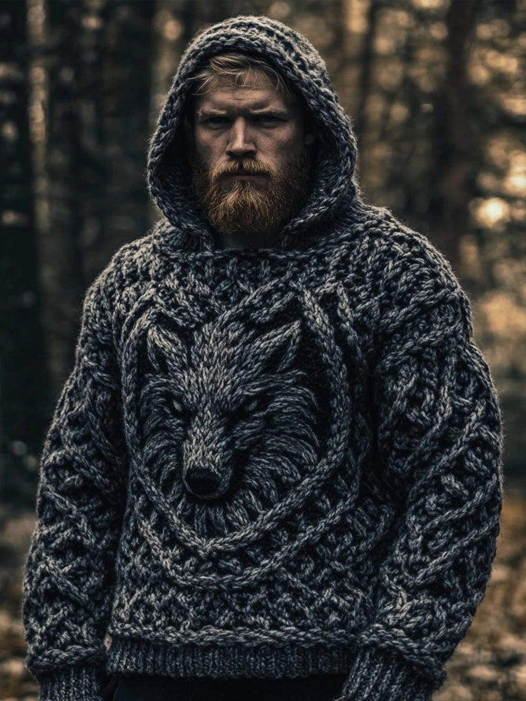 Men's Wolf Inspired Viking Celtic Chunky Hooded Sweater artswardrobe