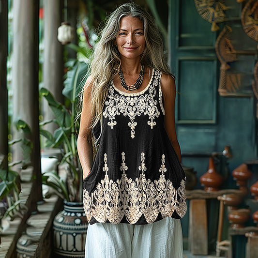 Vintage Embroidered Sleeveless Linen Blend Tank Top artswardrobe