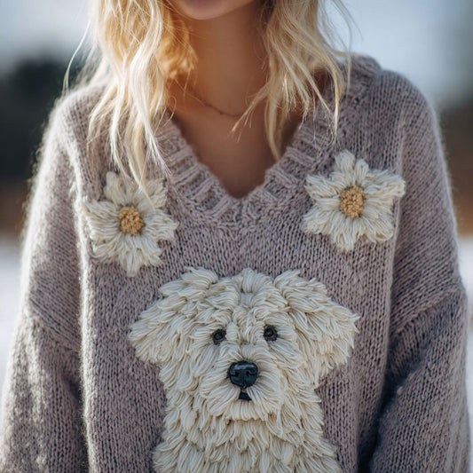 Comstylish Cute Floral Dog Embroidered V Neck Cozy Sweater