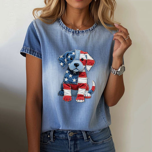 Comstylish Women's Independence Day Denim Dog Print Short Sleeve T-shirt