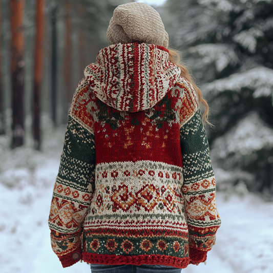 Comstylish Women's Retro Christmas Printed Winter Warmth Knit Hooded Sweater Coat