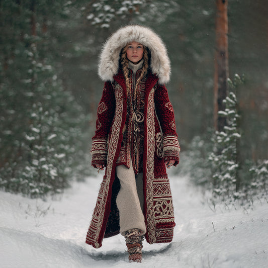 Comstylish Women's Vintage Viking Celtic Knot Art Knit Cozy Fur Collar Hooded Cardigan