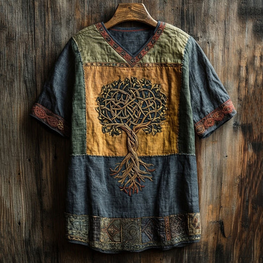 Men's Celtic Knot Tree Of Life Patchwork Contrast T-shirt artswardrobe