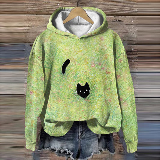 Women S Black Cat Art Casual Hoodie elevenforest