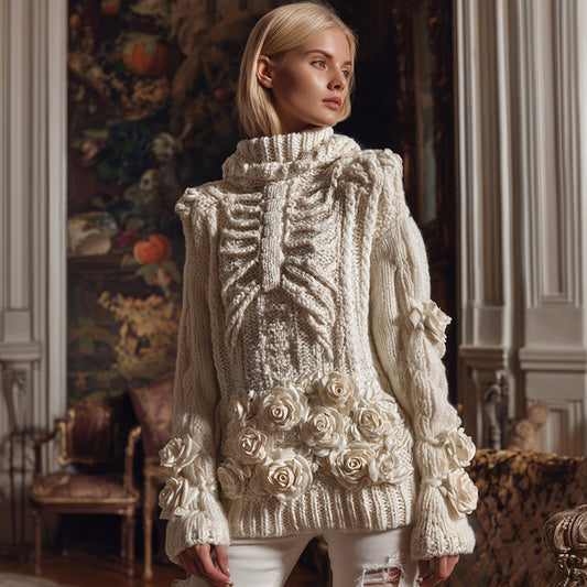 Comstylish Halloween Classic Rose Skeleton Jacquard Turtleneck Sweater