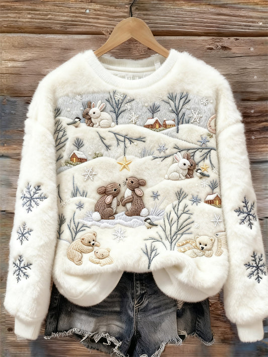 Comstylish Bunny & Bear Winter Snowy Forest Embroidered Cozy Plush Sweatshirt