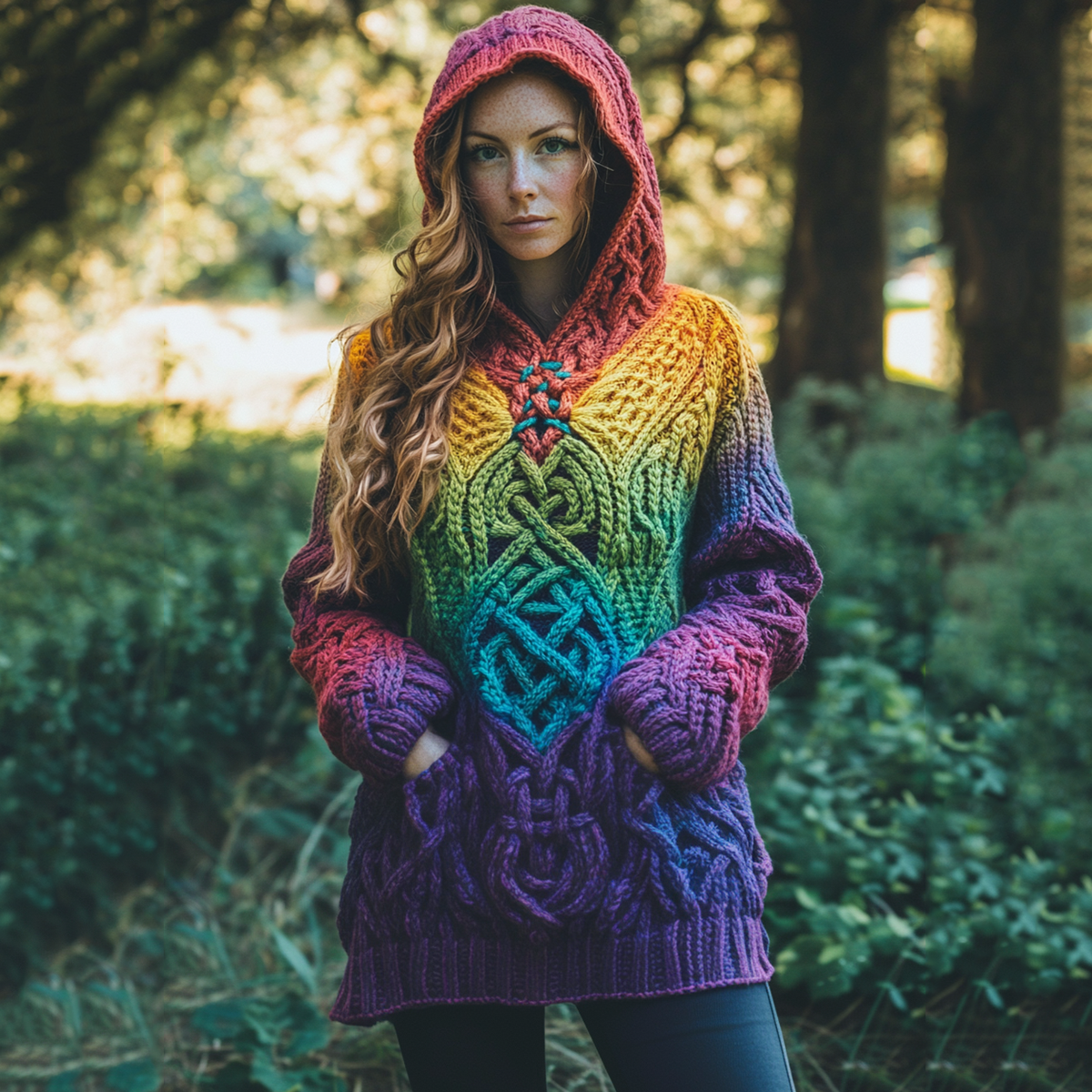Women's Irish Rainbow Pattern Jacquard Pocket Cozy Hooded Sweater artswardrobe