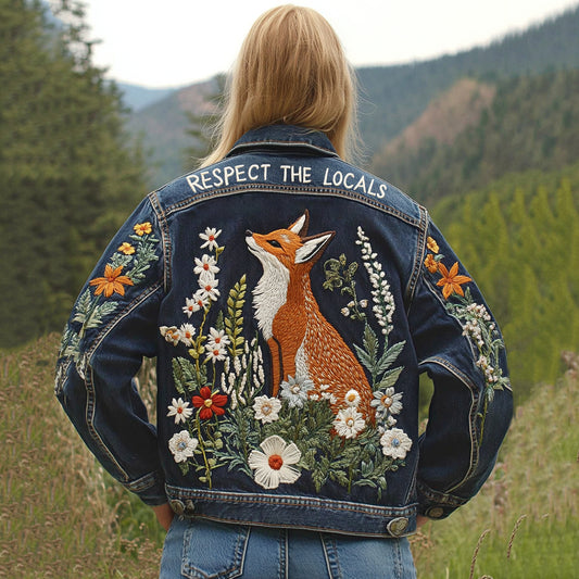 Respect The Locals Fox Floral Art Embroidered Denim Jacket artswardrobe