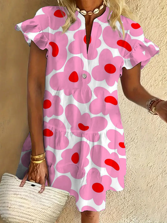Pink Flower Ruffled Short-sleeved V-neck Buttoned Dress Vacation Beach Dress