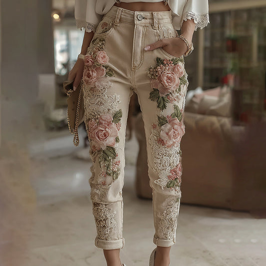 Women's Vintage Rose Embroidery Art Casual Jeans artswardrobe