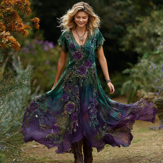 Women's Purple Rose Pattern Gradient Elegant V-neck Dress artswardrobe