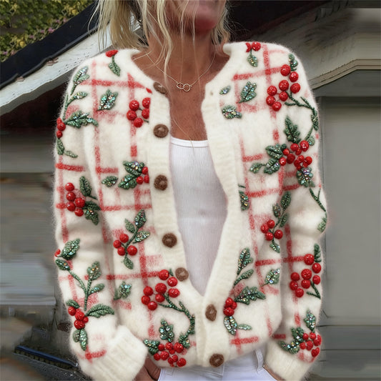 Comstylish Christmas Berries Glitter Embroidered Plaid Cozy Knit Cardigan