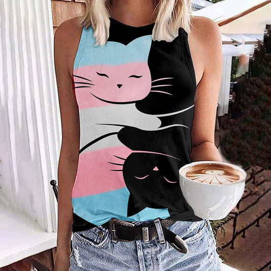 Comstylish Trans Color Cat & Black Cat Contrast Tank Top