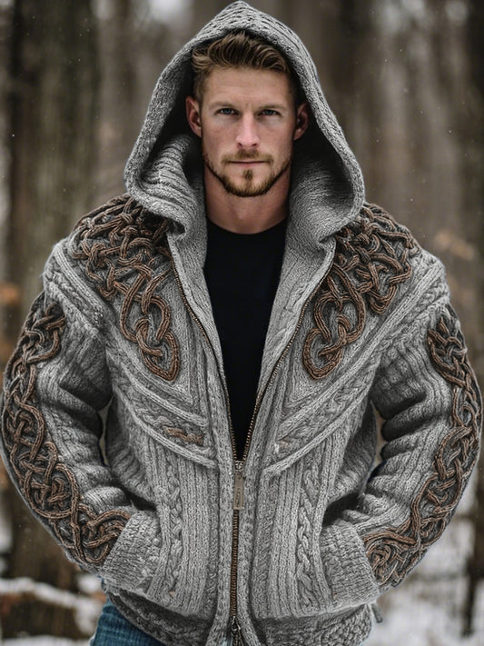 Men's Vintage Viking Celtic Knot Art Chunky Knit Hooded Zip-up Sweater artswardrobe