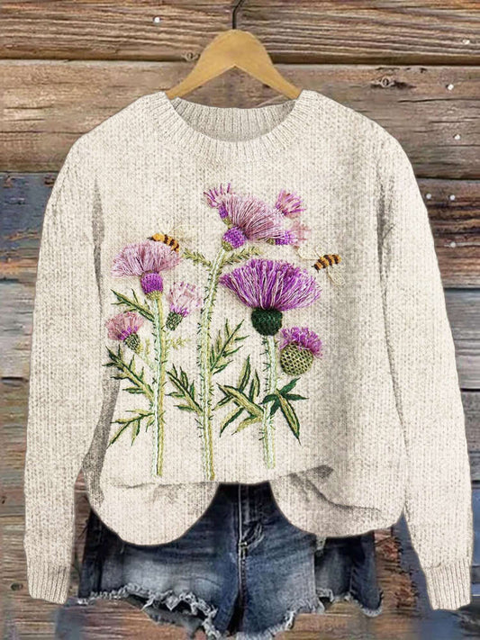 Scottish Thistle Flower Embroidery Women's Knit Sweater artswardrobe