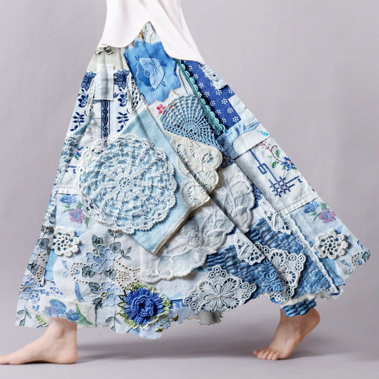 Vintage Bohemian Patch Textile Linen Skirt artswardrobe