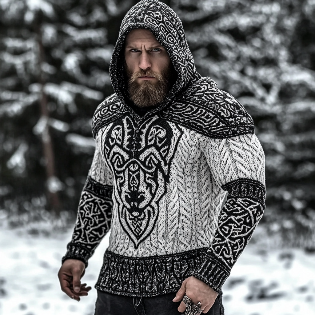 Men's Viking Warrior Knit Knit Jacquard Warm Hooded Sweater artswardrobe