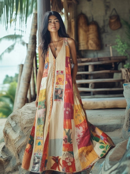 Vintage Boho Floral Patchwork V Neck Linen Maxi Dress artswardrobe