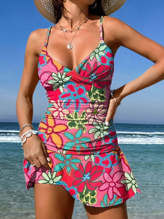 V-Neck Colorful Pride Outfits Floral Art Print Suspender Skirt Tankini Pantskirt Set Swimsuit
