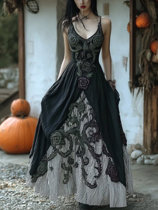 Comstylish Women's Dark Gothic Style Retro Cotton And Linen Dress