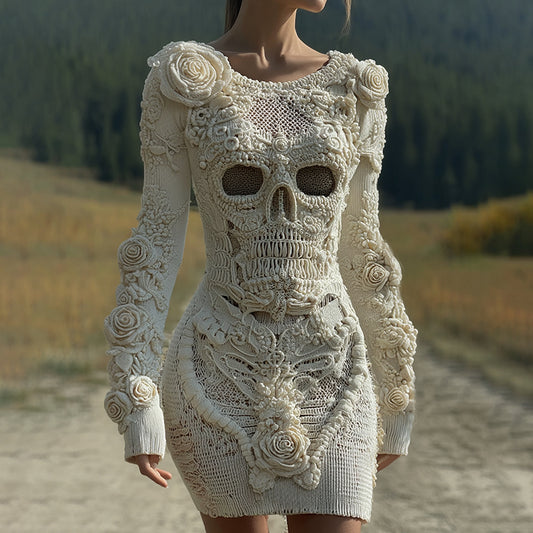 Comstylish Women's Vintage Halloween Skull With Rose Art Cozy Knit Mini Sweater Dress