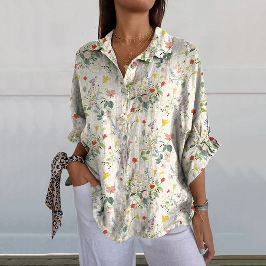 Comstylish Women's Colorful Flower Bouquet Floral Print Casual Linen V-Neck Shirt