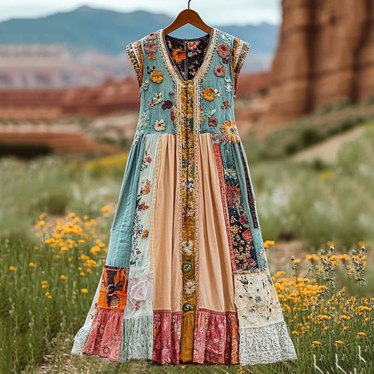 Women's Vintage Floral Patchwork Sleeveless Dress artswardrobe