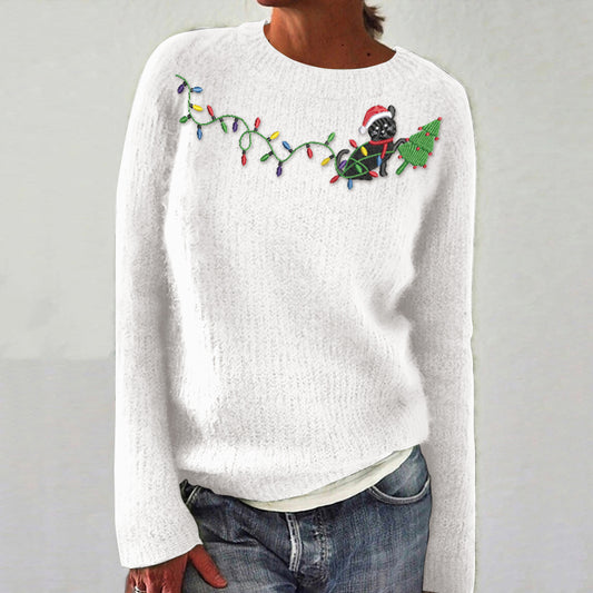 Comstylish Women's Christmas Cat Light Embroidery Art Knitted Casual Sweater