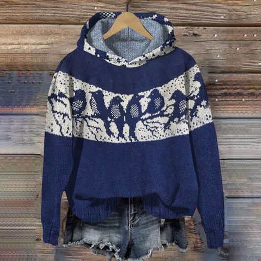 Vintage Bird Jacquard Knit Hooded Sweater elevenforest
