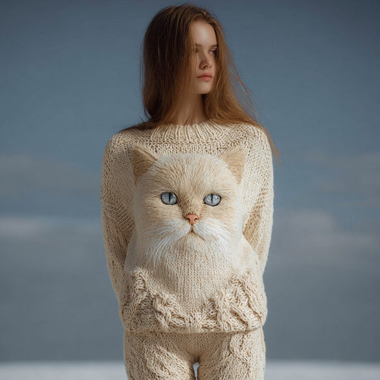 Cute Cat Face Embroidered Soft Cozy Knit Sweater