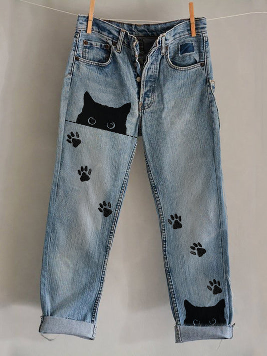 Comstylish Peeking Black Cats Paw Prints Washed Jeans