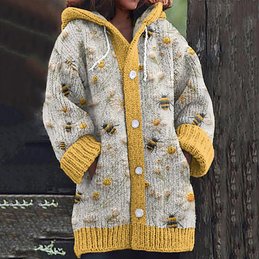 Daisy Bee Embroidery Art Print Cozy Knit Hooded Cardigan artswardrobe