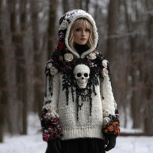 Comstylish Women's Vintage Rose And Skull Patchwork Knit Hooded Sweater
