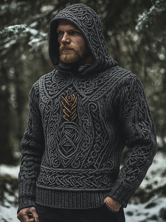 Men's Vintage Viking Inspired Celtic Jacquard Hooded Sweater elevenforest