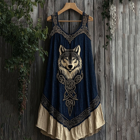 Viking Wolf Pattern Patchwork V-neck Tank Midi Dress artswardrobe