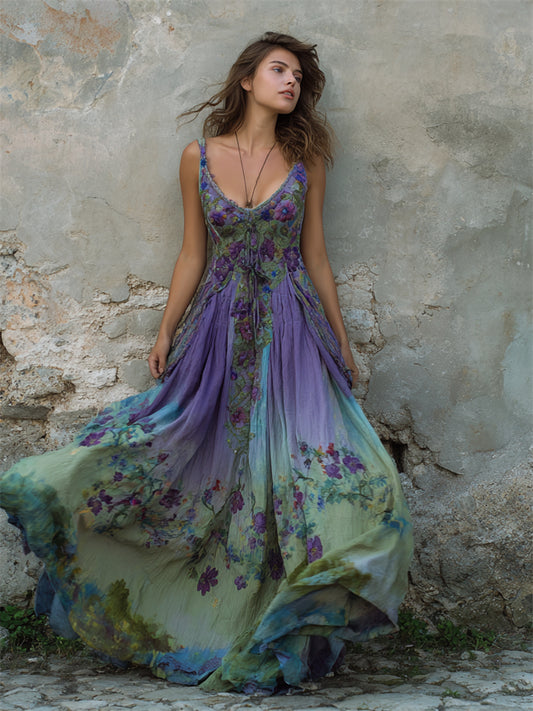Vintage Purple Floral Embroidered Gradient Flowy Linen Maxi Dress artswardrobe