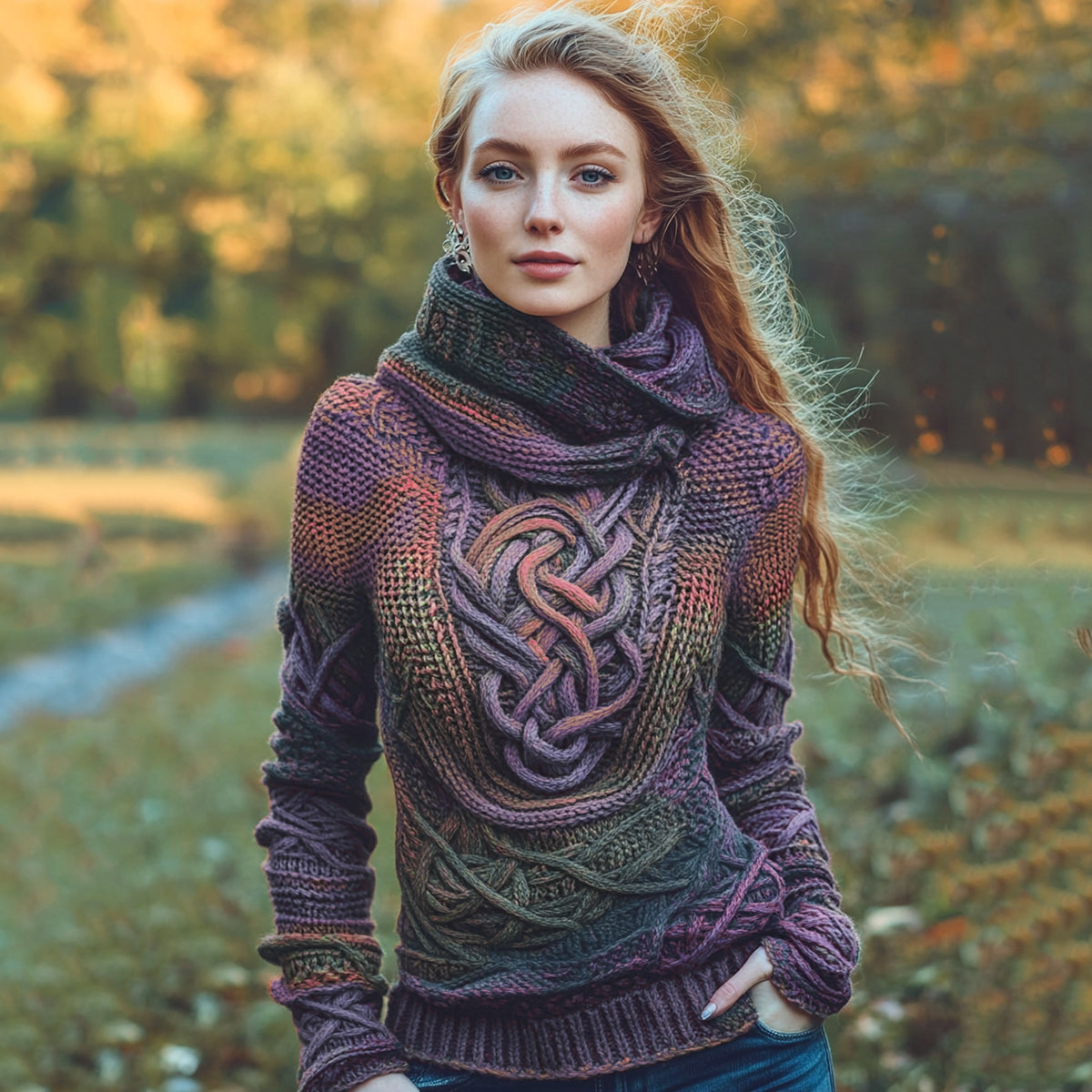 Women's Irish Rainbow Pattern Jacquard Pocket Cozy Hooded Sweater artswardrobe