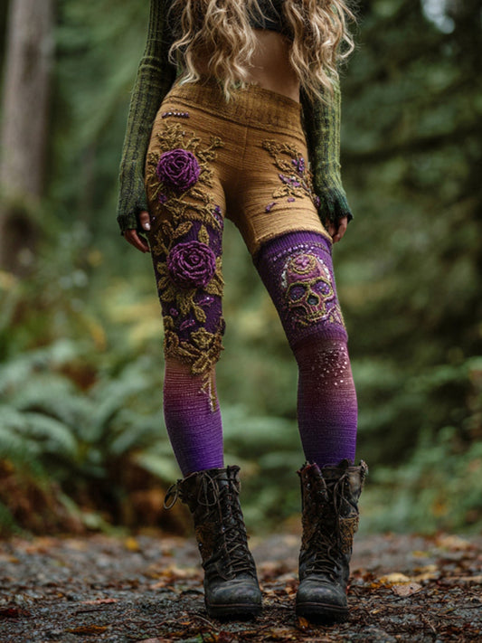 Women's Vintage Skull And Rose Patchwork Comfortable Leggings artswardrobe