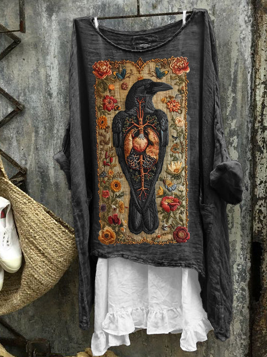 Vintage Floral Raven Embroidered Linen Tunic artswardrobe
